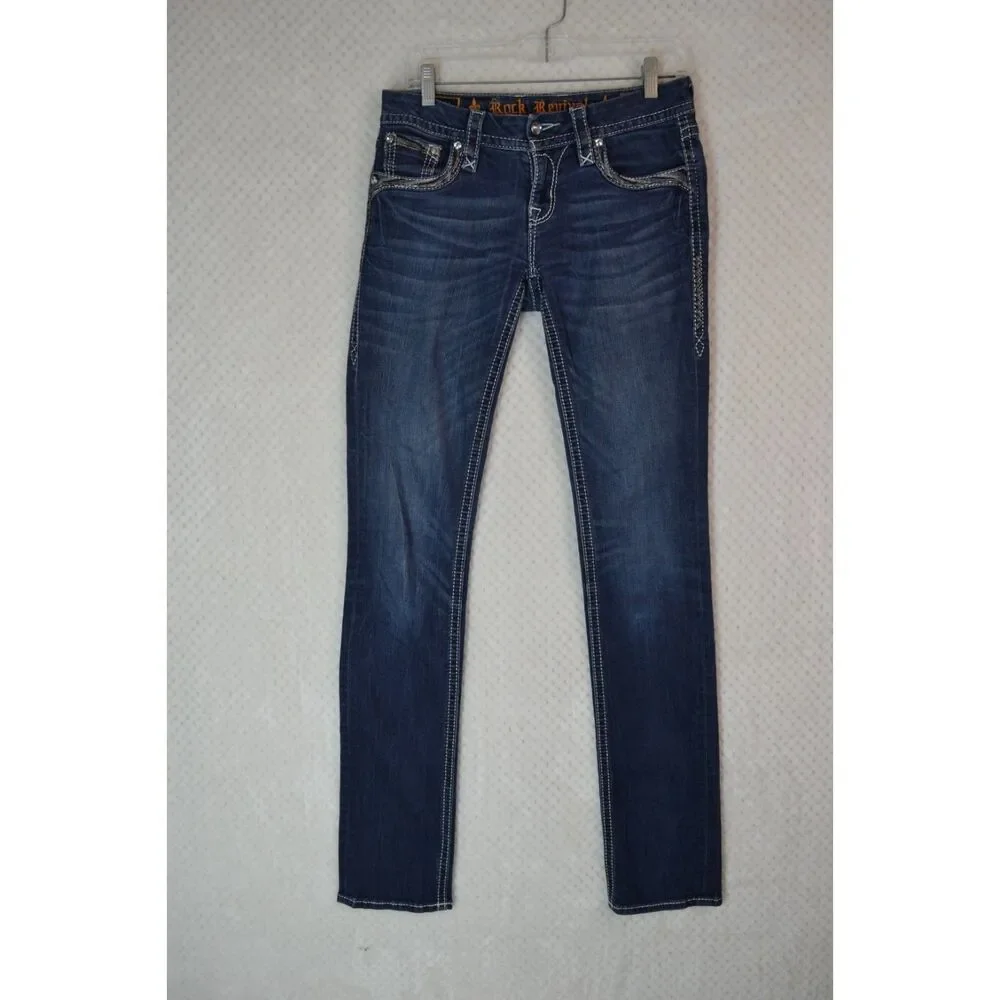 Rock Revival Women's 26 Long Deeka Straight Leg Embellished Stretch Jeans